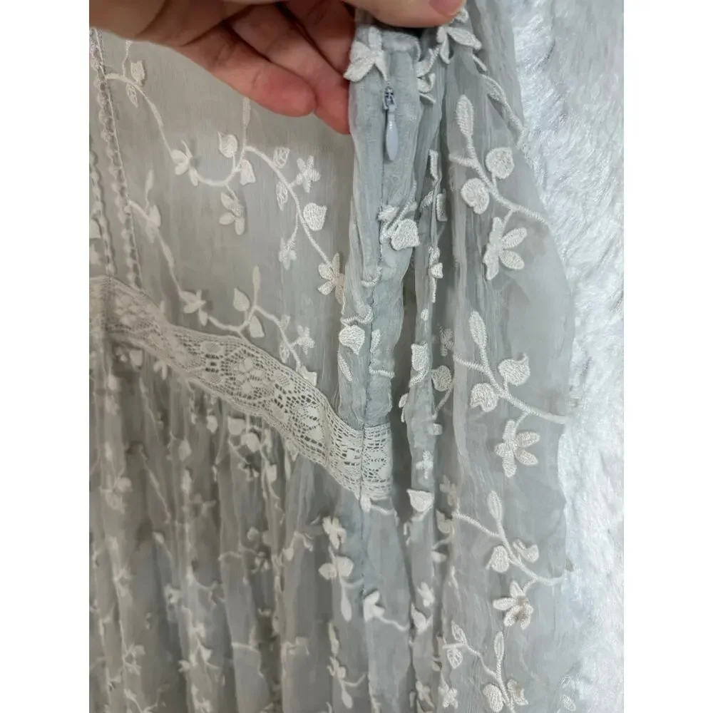 Sundance Platinum Gray Sheer Embroidered Floral Lace Peasant Dress Cottage 12 - Picture 6 of 15